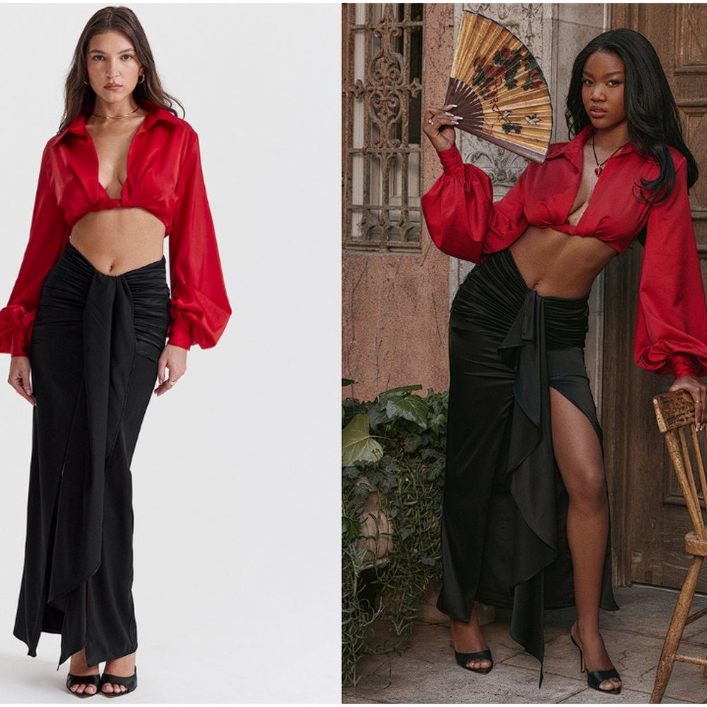 HOUSE OF CB 'Arla' Black Draped Silk Maxi Skirt NWOT